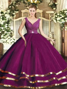 Charming Fuchsia Ball Gowns Beading and Ruffled Layers and Ruching Quinceanera Gowns Backless Tulle Sleeveless Floor Length