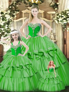 Sleeveless Floor Length Beading and Ruffled Layers Lace Up 15 Quinceanera Dress with Green