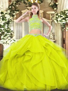 Modern Beading and Ruffles Sweet 16 Dress Yellow Green Backless Sleeveless Floor Length
