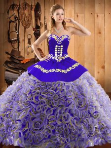 Multi-color Ball Gowns Satin and Fabric With Rolling Flowers Sweetheart Sleeveless Embroidery With Train Lace Up Quinceanera Gown Sweep Train