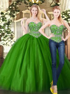 Sweetheart Sleeveless Quinceanera Gowns Floor Length Beading Dark Green Tulle