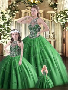Pretty Dark Green Ball Gowns Halter Top Sleeveless Tulle Floor Length Lace Up Beading Quinceanera Gowns