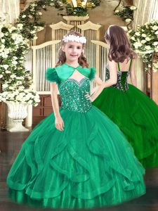New Style Sleeveless Tulle Floor Length Lace Up Winning Pageant Gowns in Turquoise with Beading and Ruffles