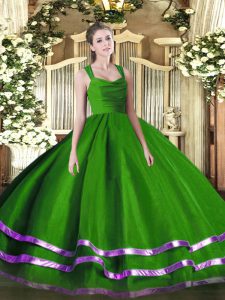 Green Organza Zipper Straps Sleeveless Floor Length 15 Quinceanera Dress Ruffled Layers and Ruching