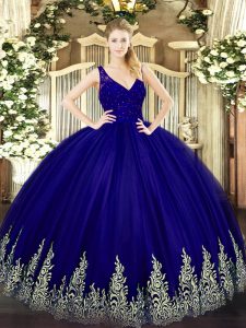 Floor Length Backless Ball Gown Prom Dress Purple for Military Ball and Sweet 16 and Quinceanera with Beading and Lace and Appliques