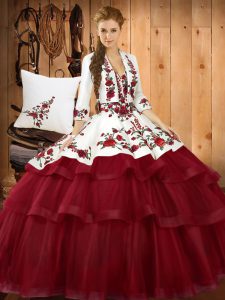 Wine Red Quinceanera Dresses Military Ball and Sweet 16 and Quinceanera with Embroidery Sweetheart Sleeveless Sweep Train Lace Up