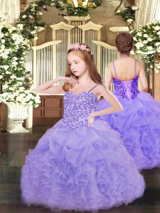 Lavender Sleeveless Floor Length Appliques and Ruffles and Pick Ups Lace Up Pageant Dress Wholesale