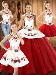 Embroidery Quinceanera Dresses White And Red Lace Up Sleeveless Floor Length