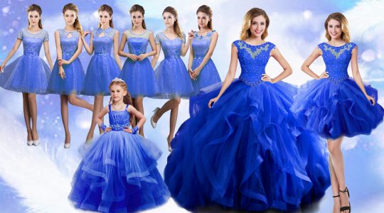 Custom Design Blue Ball Gowns Organza Scoop Sleeveless Beading and Ruffles Floor Length Lace Up Vestidos de Quinceanera