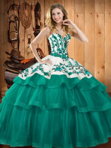 Custom Fit Turquoise Sleeveless Organza Sweep Train Lace Up Teens Party Dress for Military Ball and Sweet 16 and Quinceanera