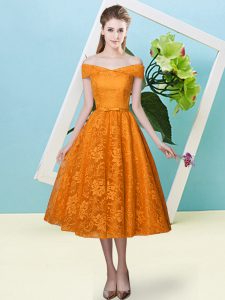 Hot Sale Tea Length Lace Up Quinceanera Dama Dress Orange Red for Prom and Party and Wedding Party with Bowknot