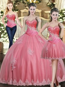 Decent Rose Pink Ball Gowns Tulle Sweetheart Sleeveless Beading and Appliques Floor Length Lace Up Sweet 16 Quinceanera Dress