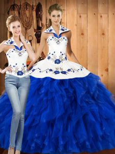 Halter Top Sleeveless Quinceanera Gowns Floor Length Embroidery and Ruffles Blue And White Satin and Organza