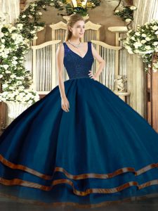 Most Popular Beading and Ruffled Layers Quinceanera Dresses Navy Blue Zipper Sleeveless Floor Length