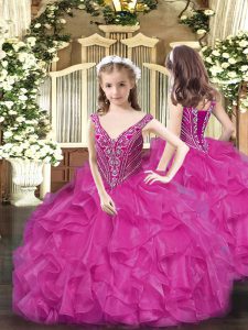 Unique Fuchsia Sleeveless Beading and Ruffles Floor Length Girls Pageant Dresses