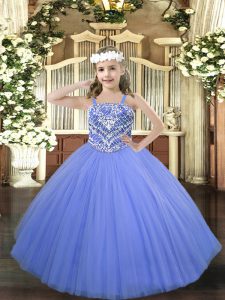 Blue Ball Gowns Straps Sleeveless Tulle Floor Length Lace Up Beading Pageant Dress Womens