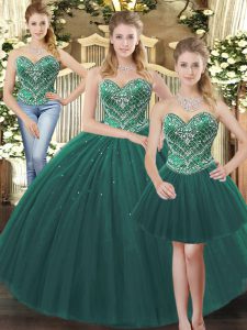 Three Pieces 15th Birthday Dress Dark Green Sweetheart Tulle Sleeveless Floor Length Lace Up
