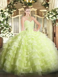 Yellow Green Sleeveless Organza Lace Up Ball Gown Prom Dress for Military Ball and Sweet 16 and Quinceanera
