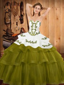Olive Green Tulle Lace Up Quinceanera Dress Sleeveless Sweep Train Embroidery and Ruffled Layers
