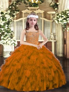 Customized Beading and Ruffles Little Girl Pageant Gowns Brown Lace Up Sleeveless Floor Length
