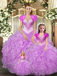 Delicate Lilac Straps Neckline Beading and Ruffles 15 Quinceanera Dress Sleeveless Lace Up