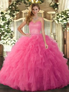 Hot Pink Sweet 16 Quinceanera Dress Military Ball and Sweet 16 and Quinceanera with Ruffles Sweetheart Sleeveless Lace Up