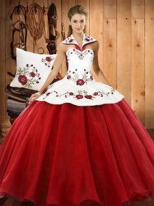 Customized Satin and Tulle Halter Top Sleeveless Lace Up Embroidery 15 Quinceanera Dress in Wine Red