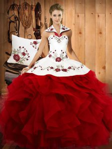 Exquisite Wine Red Lace Up Halter Top Embroidery and Ruffles 15 Quinceanera Dress Satin and Organza Sleeveless