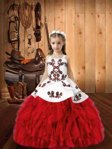 Elegant Red Organza Lace Up Straps Sleeveless Floor Length Custom Made Pageant Dress Embroidery and Ruffles