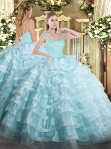 Sleeveless Organza Floor Length Zipper Quinceanera Dresses in Light Blue with Beading and Ruffled Layers