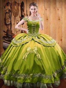 Olive Green Satin and Organza Lace Up Military Ball Gown Sleeveless Floor Length Beading and Embroidery