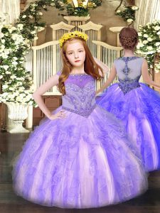 Nice Lavender Ball Gowns Scoop Sleeveless Organza Floor Length Zipper Beading and Ruffles Little Girls Pageant Dress