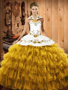 Colorful Halter Top Sleeveless Quinceanera Gowns Floor Length Embroidery and Ruffled Layers Gold Satin and Organza