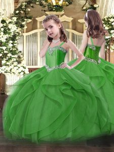 Exquisite Straps Sleeveless Pageant Dress for Teens Floor Length Beading and Ruffles Green Tulle