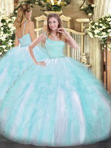 Floor Length Zipper Sweet 16 Quinceanera Dress Aqua Blue for Military Ball and Sweet 16 and Quinceanera with Beading and Ruffles