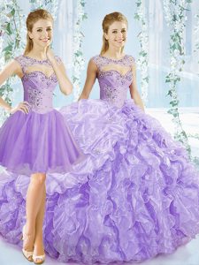 High Class Organza Sweetheart Sleeveless Brush Train Lace Up Beading and Ruching and Pick Ups Quinceanera Dress in Lavender