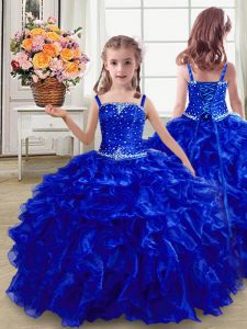 Royal Blue Ball Gowns Straps Sleeveless Organza Floor Length Lace Up Beading and Ruffles Pageant Dress Womens