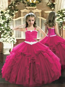 Hot Pink Straps Neckline Appliques and Ruffles Little Girls Pageant Dress Sleeveless Lace Up