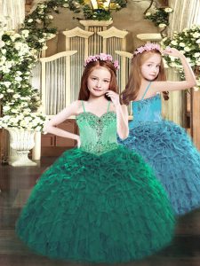 Dark Green Ball Gowns Organza Spaghetti Straps Sleeveless Beading and Ruffles Floor Length Lace Up Little Girls Pageant Dress