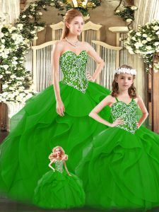Fine Green Ball Gowns Sweetheart Sleeveless Tulle Floor Length Lace Up Beading and Ruffles Sweet 16 Dresses