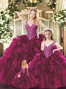 Exceptional Floor Length Lace Up Quince Ball Gowns Fuchsia for Military Ball and Sweet 16 and Quinceanera with Beading and Ruffles