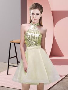 Smart Light Yellow Court Dresses for Sweet 16 Prom and Party and Wedding Party with Sequins Halter Top Sleeveless Backless