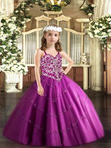 Sleeveless Lace Up Floor Length Beading and Appliques Pageant Dress for Girls
