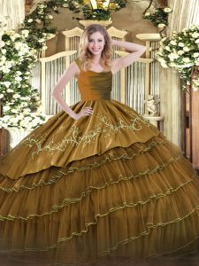 Cute Straps Sleeveless 15 Quinceanera Dress Floor Length Embroidery and Ruffled Layers Brown Organza and Taffeta