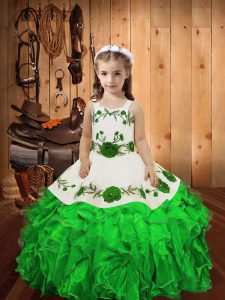 Green Organza Lace Up Little Girl Pageant Dress Sleeveless Floor Length Embroidery and Ruffles