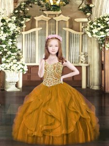 Gorgeous Floor Length Lace Up Pageant Dress for Teens Brown for Party and Quinceanera with Beading and Ruffles