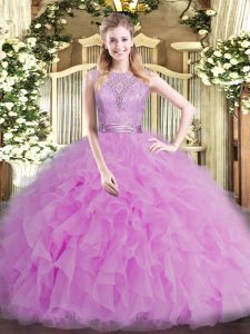 Spectacular Floor Length Backless Sweet 16 Dresses Lilac for Military Ball and Sweet 16 and Quinceanera with Beading and Ruffles