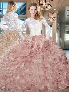 Champagne Quince Ball Gowns Sweet 16 and Quinceanera with Beading and Ruffles Scoop Long Sleeves Brush Train Lace Up