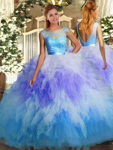 Extravagant Multi-color Tulle Backless Scoop Sleeveless Floor Length Vestidos de Quinceanera Lace and Ruffles