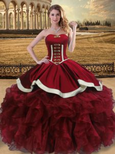 Wine Red Ball Gowns Organza Sweetheart Sleeveless Beading and Ruffles Floor Length Lace Up Quinceanera Gown